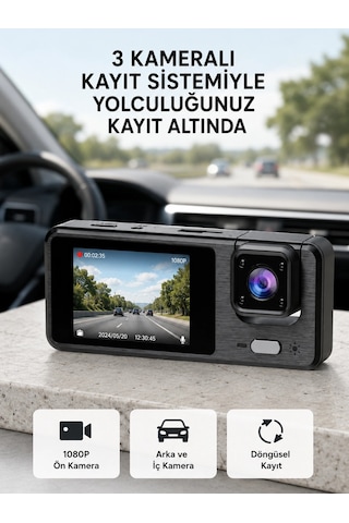 Park Modlu 3 Kameralı Araç Kayıt Cihazı 1080p Ön Kamera 2 Ekran Najmaddin
