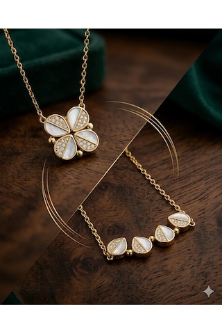 Kadın Gold Renk Tasarım Model Taşlı Gümüş Kolye