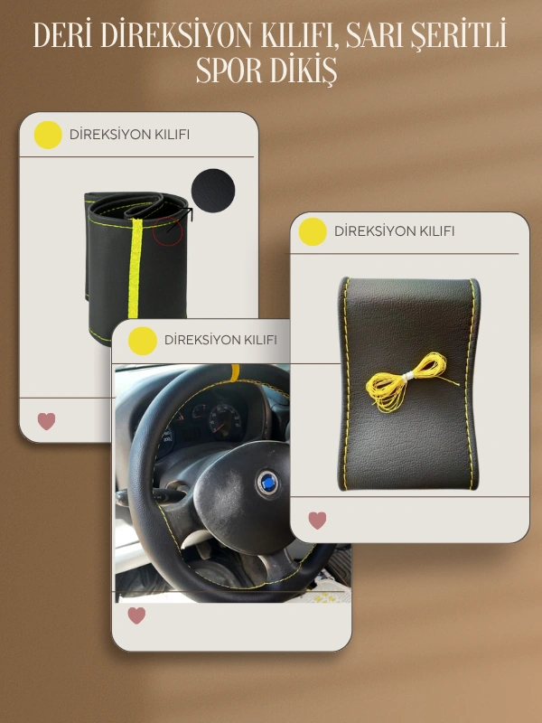 Volkswagen Tiguan Yerli Üretim Suni Deri Direksiyon Kılıfı, Sarı Şeritli Spor Dikiş Çok Renkli