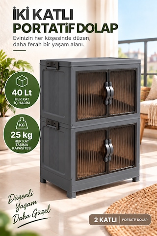 Evonıta 2 Katlı Portatif Dolap 80 Lt Geniş Hacimli Çok Amaçlı Organizer 49x30x59 Cm Gri