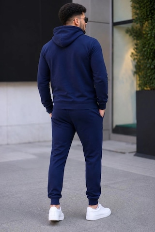 Moda Erkek İki İplik Kapüşonlu Kanguru Cepli Sweatshirt Jogger Pantolon Alt Üst Eşofman Takımı - Lacivert Çok Renkli