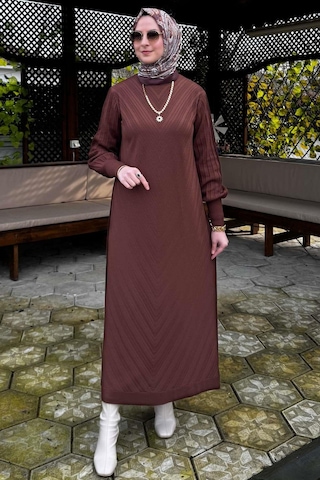 Yağmur Triko Elbise Kahve Normal