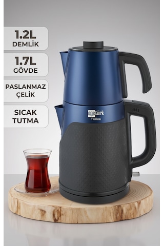 Egetürk Coverlı Elektrikli Çay Makinesi, Çaycı 2000w 1.7l Su Isıtıcı 1.2l Demlik Paslanmaz Çelik Mavi