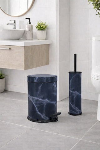 Lacivert Mermer Desenli 2'li Banyo Seti - Metal Çöp Kovası 3 Lt Ve Wc Fırçası Takımı Lacivert