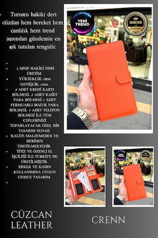 Creen Turuncu Unisex Hakiki Deri Telefon Gözlü Cüzdan Sevgililer Günü Hediyesi Erkek-kadın Turuncu