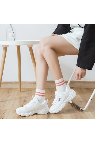 Bgk Unisex 8 Çift Koton Ekonomik Beyaz Renk Desenli Tenis Çorap Beyaz