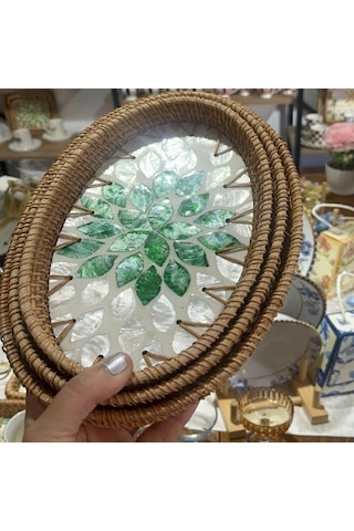 Yeşil Yaprak Mozaik Desenli Oval Hasır Kenarlı Tepsi