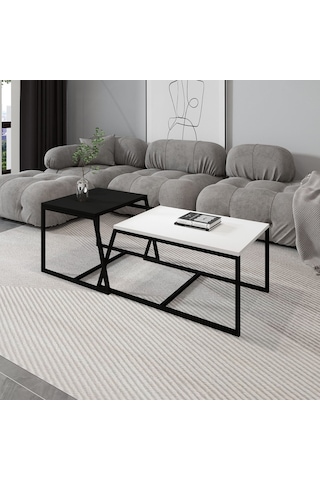 Minimal İkili Orta Sehpa Modern Tasarım, Çok Amaçlı Kullanım Beyaz - Siyah
