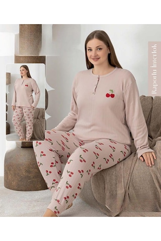 Boyraz Lindros Kadın Düğme Yaka Raporlu İnterlok Kışlık Battal Pijama Takımı 0268 - 1 Adet Pudra