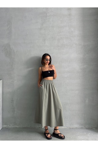 Kadın Beli Lastikli Dokuma Kloş Etek Haki
