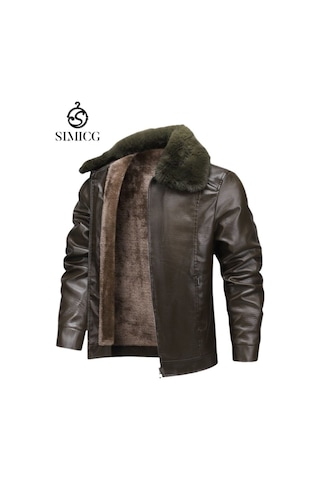 Kalınlaştırılmış Polar Rüzgar Geçirmez Günlük Deri Ceket Kahverengi