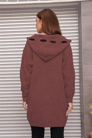 Aqe Fashion Kapüşonlu Kabartma Desenli Şerit Garnili Tarçın Hırka Tarçın