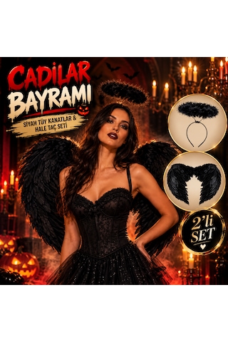 Cadılar Bayramı Siyah Melek Kanadı Ve Hale Taç Seti 2 Parça Kadın Halloween Kostüm Ve Parti Aksesuarı Yetişkin