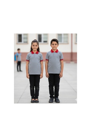 Kidsmadamiko Gri Polo Yaka Kısa Kol Unisex Çocuk Tişört