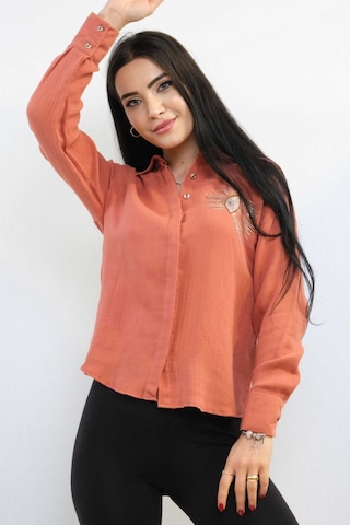 Sevgi Butik Moda Çizgi Taşlı Keten Gömlek Mc2301 Mercan 001