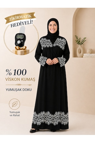 Bilenler Halka Desenli Siyah Namaz Elbisesi Viskon Kumaş Zikirmatik Hediyeli Yandan Bağlamalı