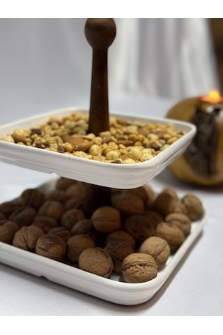 Aless 2 Katlı Ahşap Kulplu Seramik Sunumluk Çerezlik Meyvelik