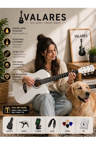 Valares 38c Kesik Kasa Beyaz Akustik Gitar 38 İnç 4/4 Yetişkin Üst Segment Çanta Capo Askı Pena
