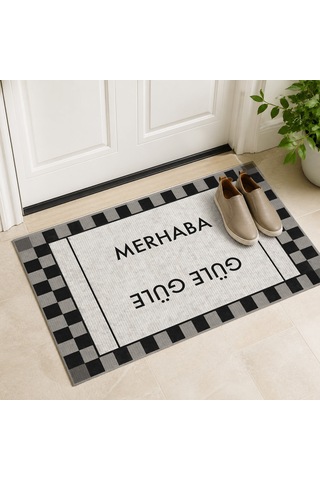 Kartela Halı Merhaba Güle Güle Damalı Kapı Paspası Siyah Beyaz Kaymaz Kauçuk Taban 60x90 Cm