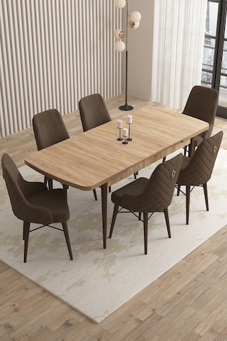 Mazaka Meşe Desen 80x132 Açılabilir Mdf Masa Yemek Odası Takımı, Mutfak Takımı 6 Adet Sandalye Kahverengi