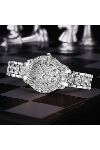 Vkemall Bayanlar İçin Zümrütlü Roma Rakamlı Gümüş Renkli Çelik Kordonlu Kwarts Saat - Zirve Konfor Ve Tarz Silver