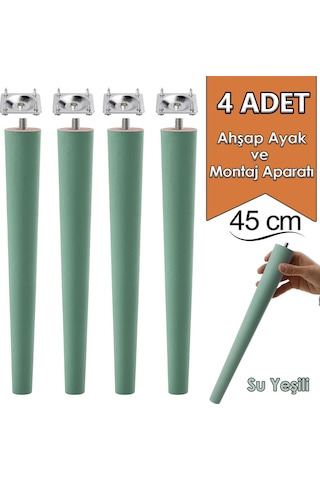 4 Adet Ahşap Ayak 45 Cm Su Yeşili M8 Civatalı Bağlantı Aparatlı Mobilya Tabure Sehpa Masa Destek Ayağı Yeşil