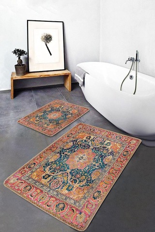 Realhomes Real Homes Turuncu Zeminde Uşak Motifli Geleneksel Avangarde Etnik Motifler 2'li Banyo & Mutfak Paspas Ta Genel