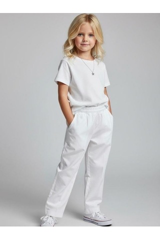 Zekids Kız Çocuk Yumuşak Dokulu Yüksek Bel Pantolon-17008 Beyaz