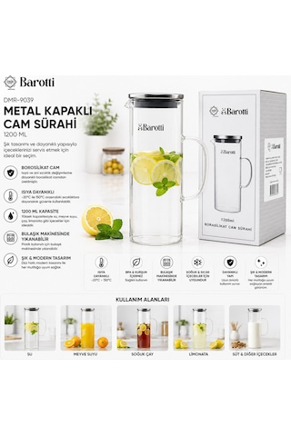 Barotti Dmr-9039 Metal Kapaklı Borosilikat Cam Sürahi 1200 Ml- 12'li Paket