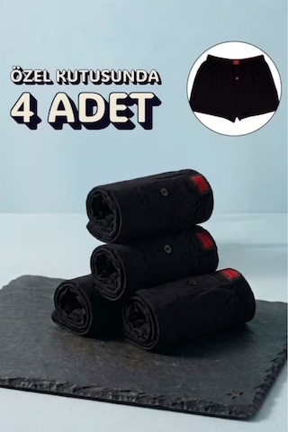 Trendybee Tutku 4 Lü Erkek Boxer Siyah Renk Pamuklu Rahat Önden Düğmeli Siyah Siyah