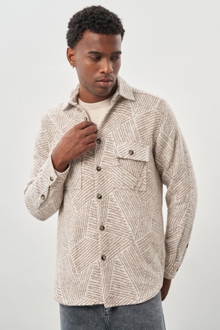 Bej Uzun Kol Kendinden Desenli Gabardin Sert Yaka Kapaklı Cep Pamuklu Classic Comfort Fit Gömlek 1004245167 Bej