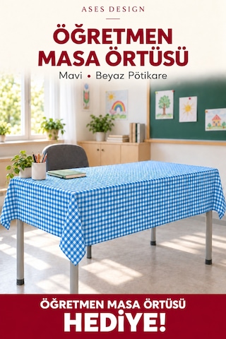 Mavi Beyaz 15'li Lastikli Sıra Örtüsü, 100x140 Cm Öğretmen Masa Örtüsü Hediye
