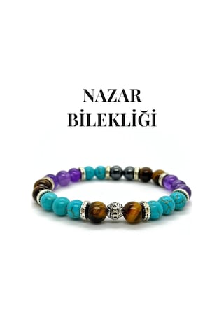 Doğaltaş - Nazar Bilekliği - Turkuaz - Kaplan Gözü - Ametist - Hematit - Unisex Çok Renkli