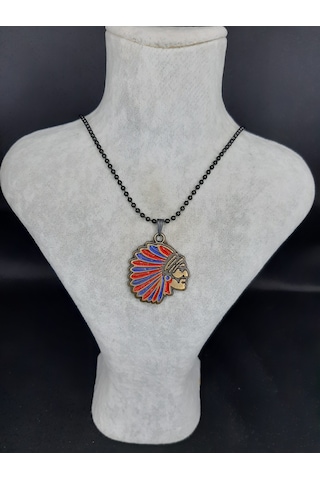 Mryart Kızılderili Figürlü Siyah Top Zincir Erkek Kolye Metal Uçlu Çok renkli