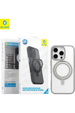 Apple Uyumlu iPhone Blueo 16 Pro Skin Friendly 360 Rotatable Magsafe Standlı Gri Telefon Kılıfı