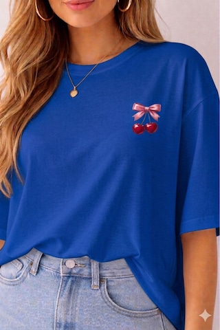 Minimal Kiraz Desenli Baskılı T-shirt Mavi