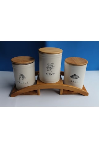 Bambu Köprü Standlı 3'lü Baharatlık Seti Beyaz