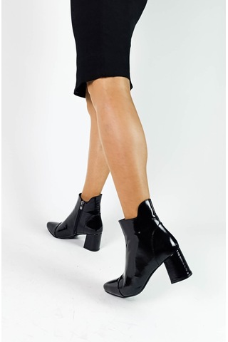 Hakiki Deri Siyah Rugan Fermuarlı Kalın Topuk Kadın Bot Siyah