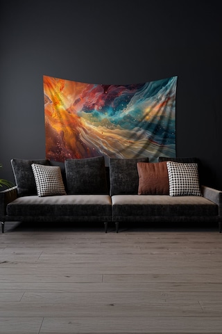 Kozmik Renkler Desenli Duvar Halısı Duvar Örtüsü Tapestry Süet Dokulu Kumaş