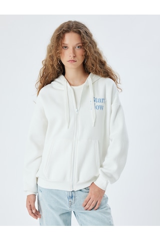 Koton Fermuarlı Sweatshirt Kapüşonlu Oversize Kanguru Cepli Slogan Baskılı Şardonlu Ekru 5wal10197ık Ekru