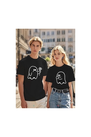 Nevermind Sevgili Kombin Tişörtü Hayalet Baskılı Çift Kombini Unisex Oversi Siyah