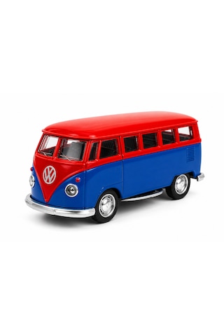 Klasik Volkswagen Minibüs Model Araba 1:32 Ölçek Die-cast Metal Açılabilir Kapılar 10 Cm Kırmızı - Mavi