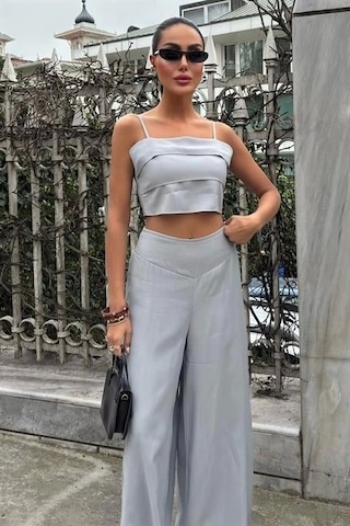 Defymoda Crop Plazzo Pantolon Takım 10155-08 Gri