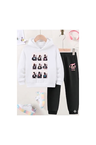 Stil X Twıce Baskılı Sweatshırt Takım / K Pop Beyaz