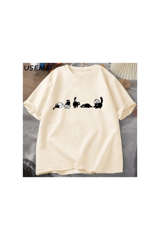Beş Ruh Hali Kediler T-shirt Büyük Boy Kedi Anne Tee Komik Pamuk Kısa Kollu Kedi Severler T S 2824 Bej