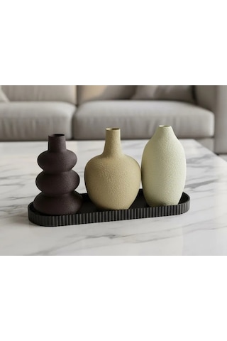 Alvera 3'lü Dekoratif Vazo Seti Ve Sunum Tepsisi Modern Minimalist Masa Dekoru Çok Renkli