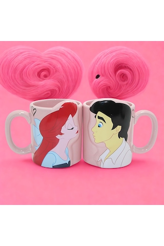 Ariel Ve Prens Figürlü 3d Çift Kupa Bardak Seti Sevgili Kupa Bardak Açık Pembe
