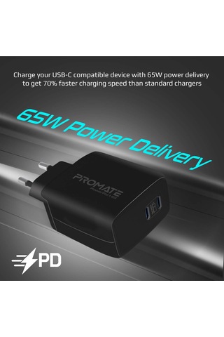 Promate PowerPort-65 GaNFast 65W Süper Hızlı Type-C PD Şarj Cihazı, Tablet, Akıllı Telefon, Notebook Uyumlu