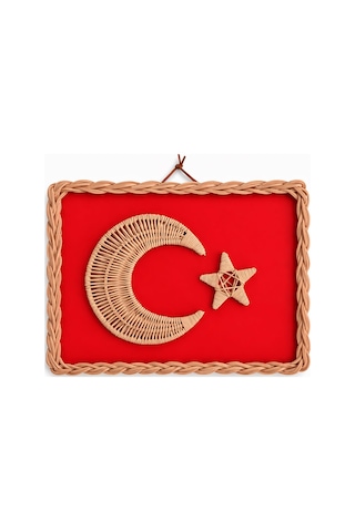 El Yapımı Bambu Örgü Türk Bayrağı Ay Yıldız Duvar Dekoru
