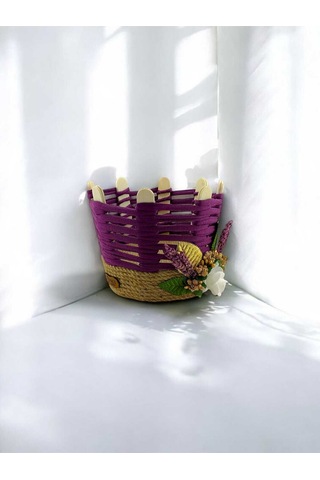 Hasır Takı Organizer El Yapımı Sepet Makyaj Kutusu Komodin Üstü Banyo Sepeti Mor